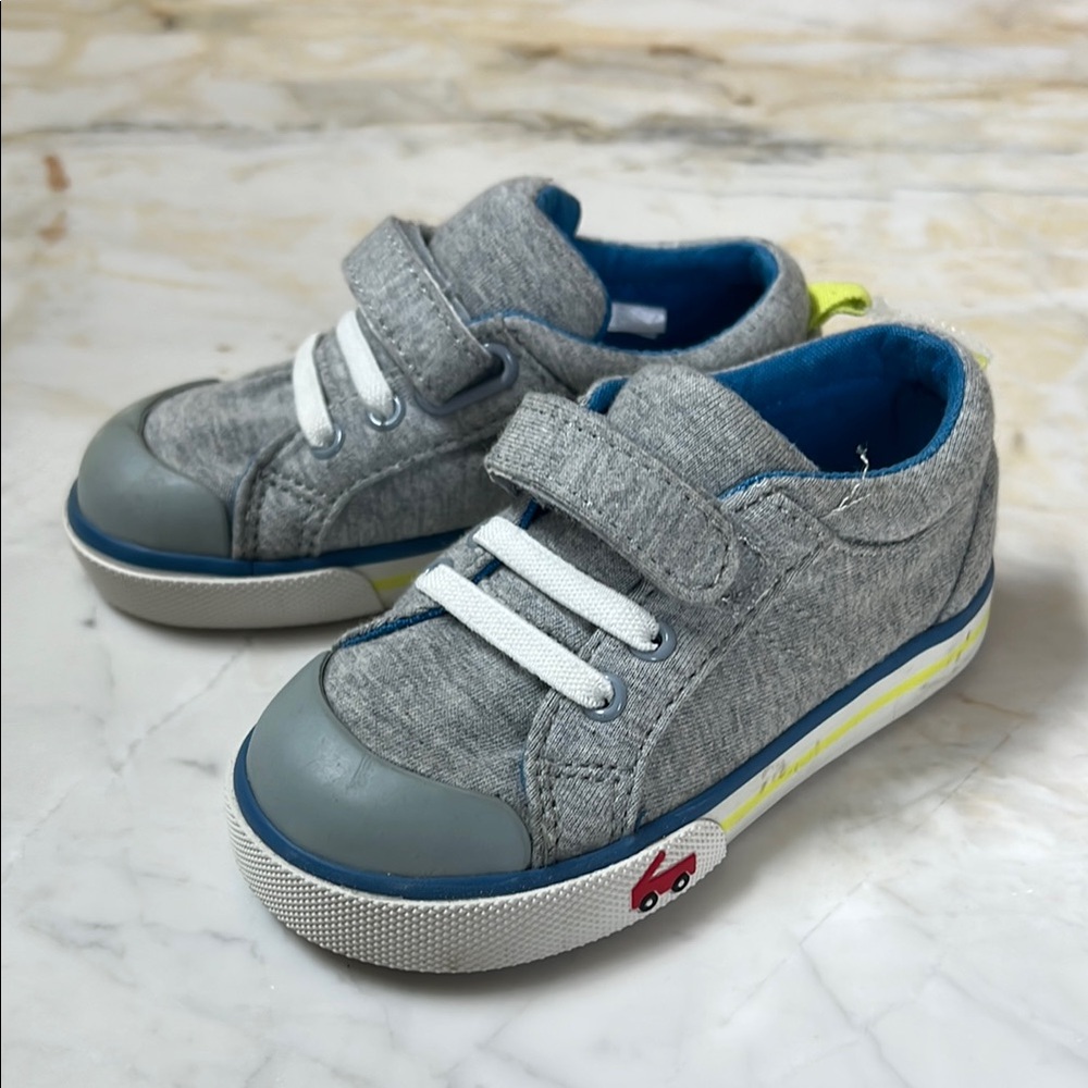 See Kai Run Grey Canvas Sneakers with Blue Lining and Yellow Accent